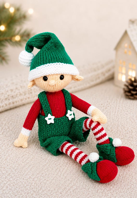 Evan the Christmas Elf Knitting Pattern PDF 46cm Festive Santa's Helper Toy DK 8ply Download