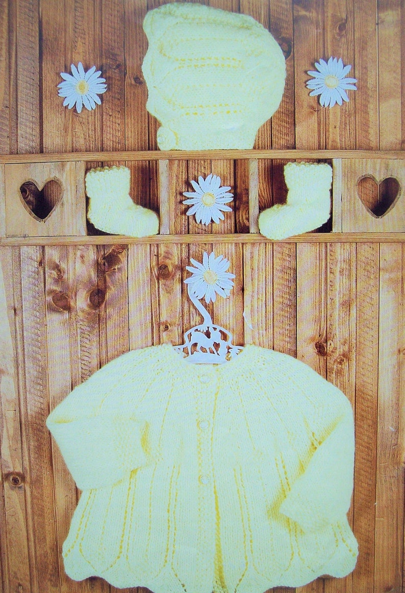 6 mths Downloadable scalloped eyelet 7179 PDF Baby girls Matinee Coat cardigan Bonnet Booties Knitting Pattern DK 14-18 inch Premature