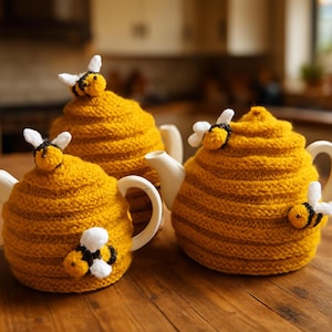 Beehive Tea Cosy 3 Sizes Little Bumble Bee Design 2 4 & 6 Cup Teacosy PDF Knitting Pattern DK 8ply Downloadable Teapot Cover BB077