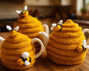 Beehive Tea Cosy 3 Sizes Little Bumble Bee Design 2 4 & 6 Cup Teacosy PDF Knitting Pattern DK 8ply Downloadable Teapot Cover BB077
