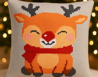Knitting Pattern PDF Cute Reindeer Intarsia Motif Christmas Cushion Cover Pillow Festive Cozy Sofa Home Decor Aran 45 x 45cm 18" Download