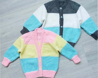 PDF Knitting Pattern Childs Pastel Striped Raglan Cardigan V or Round Neck DK ( 8 ply ) Premature Baby - 8 yrs Boys Girls 14 - 28" BB060