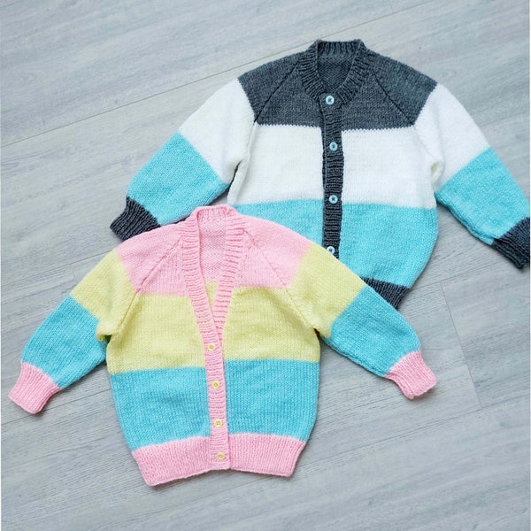 PDF Knitting Pattern Childs Pastel Striped Raglan Cardigan V or Round Neck DK ( 8 ply ) Premature Baby - 8 yrs Boys Girls 14 - 28" BB060