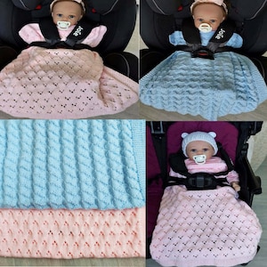 Baby Car Seat & Pram Blanket Cover with Buckle Belt Hole PDF Knitting Pattern DK ( 8 ply )  Easy knit DK 2 x Designs Lacy Diamond Boys Girls
