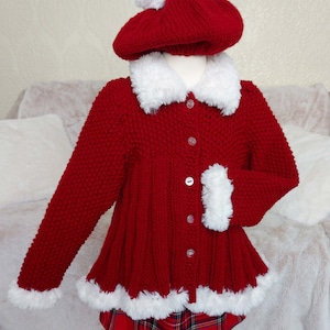 Knitting Pattern PDF Fur Trim Christmas Jacket Coat Baby Girls Pleat Skirt Cardigan Beret Hat 18 - 28" 0 - 7 Chunky ( Bulky, 12 ply ) BB050