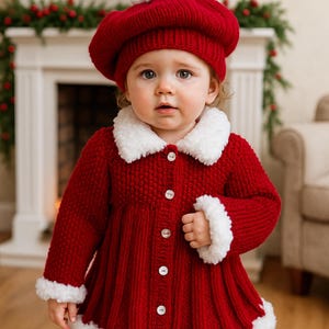 Knitting Pattern PDF Fur Trim Christmas Jacket Coat Baby Girls Pleat Skirt Cardigan Beret Hat 18 - 28&quot; 0 - 7 Chunky ( Bulky, 12 ply ) BB050