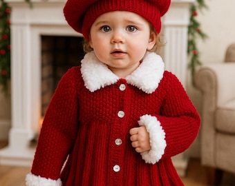 Knitting Pattern PDF Fur Trim Christmas Jacket Coat Baby Girls Pleat Skirt Cardigan Beret Hat 18 - 28" 0 - 7 Chunky ( Bulky, 12 ply ) BB050