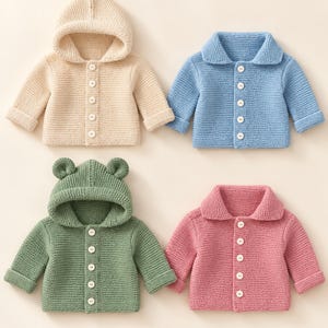 Easy Knit Garter Stitch Hooded Jacket Knitting Pattern PDF Bear Ears Cardigan Baby DK