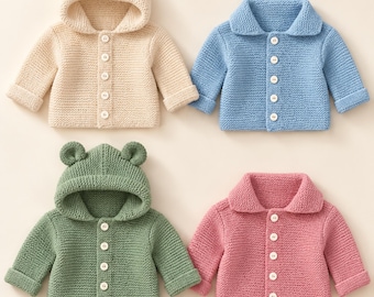 Easy Knit Garter Stitch Hooded Jacket Knitting Pattern PDF Bear Ears Cardigan Baby DK