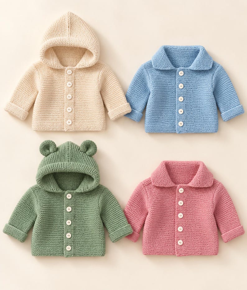May include: Four knitted cardigans in beige, blue, sage green, and pink. The beige and sage green cardigans feature hoods, with the green one having bear ears. The blue and pink cardigans have collars. All four have five white buttons.