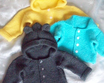 Easy PDF Knitting Pattern Hooded Jacket with Ears Cardigan Baby Boys Girls DK ( 8 ply ) 16 - 26" 0 - 6 years Beginners Downlaod BB001