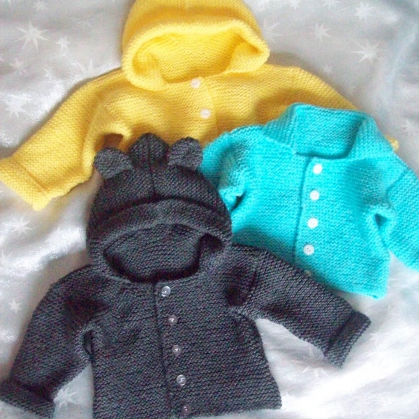 Easy PDF Knitting Pattern Hooded Jacket with Ears Cardigan Baby Boys Girls DK ( 8 ply ) 16 - 26" 0 - 6 years Beginners Downlaod BB001