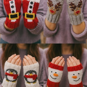 PDF Knitting Pattern Ladies Older Girls Christmas Fingerless Gloves Wrist Warmers 4 x Designs Santa Snowman Reindeer Penguin DK 8 ply BB056