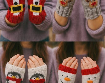 PDF Knitting Pattern Ladies Older Girls Christmas Fingerless Gloves Wrist Warmers 4 x Designs Santa Snowman Reindeer Penguin DK 8 ply BB056