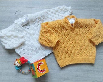 PDF Knitting Pattern Baby Girls Boys Lacy Eyelet Cardigan & Sweater V Neck Jumper DK ( 8 ply ) 16 - 24" 0 - 4 years Download LH037