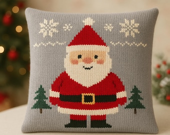 Knitting Pattern PDF Father Christmas Cushion Cover Festive Santa & Snowflake Motif Square Sofa Pillow Home Decor Aran  18" 45cm Download
