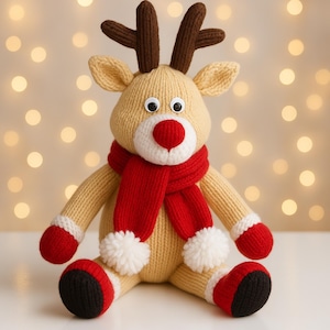 PDF Knitting Pattern Rudolph The Red Nose Reindeer Toy Christmas Decoration DK ( 8 ply ) 40cm 15" Childs Xmas Gift Idea BB008