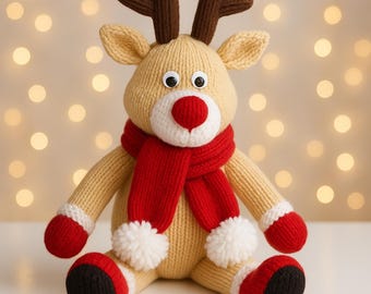 PDF Knitting Pattern Rudolph The Red Nose Reindeer Toy Christmas Decoration DK ( 8 ply ) 40cm 15" Childs Xmas Gift Idea BB008