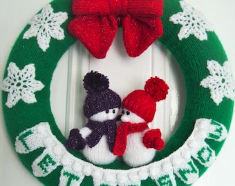 PDF Knitting Pattern Christmas Wreath Snowman Toy Decoration Snowflake DK ( 8 ply ) 35cm Let It Snow Xmas Wall Hanging BB007