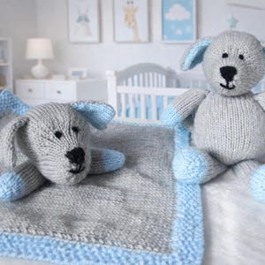 Puppy Dog Baby Comfort Blanket & Soft Toy PDF Knitting Pattern DK ( 8 ply ) 24cm  and 28 x28cm Boys Girls Snuggle Cuddle Blanket BB003