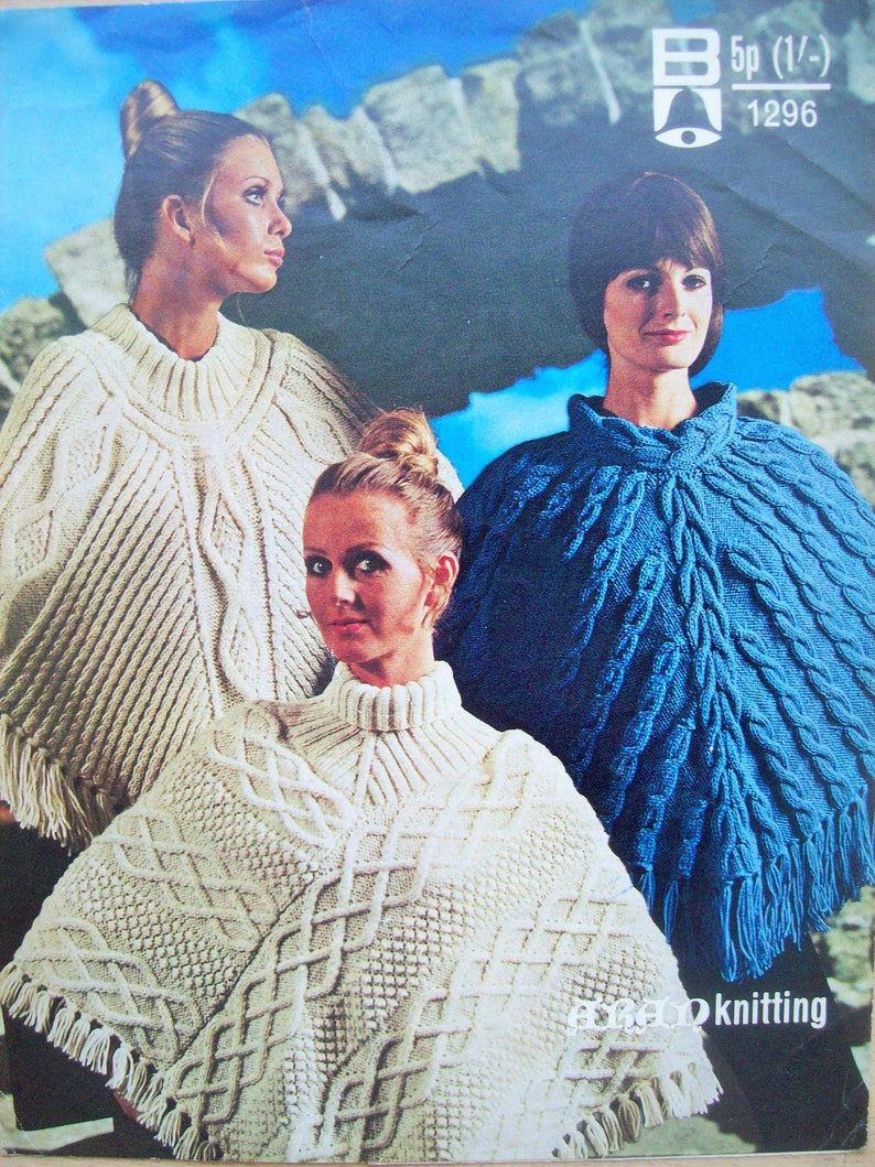 PDF Ladies Vintage Cable Poncho Polo Round Neck 3 designs Knitting Pattern Aran One size fits all Downloadable