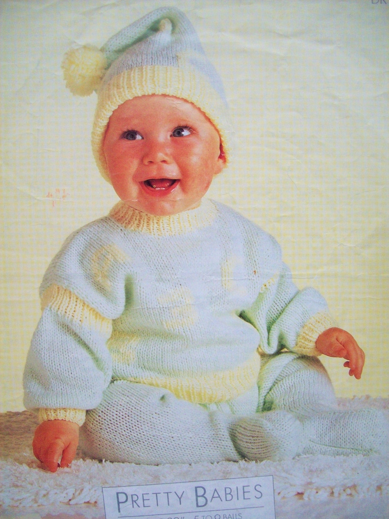 PDF Baby Boys Girls Tracksuit Jumper Sweater Leggings Pom Pom Hat Knitting Pattern DK 16-22in 0-2 years Downloadable Vintage 2853