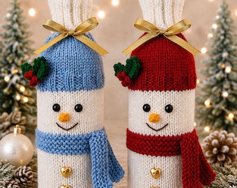 Snowman Christmas Wine Bottle Cover Knitting Pattern PDF Gift Bag DK Easy Knit
