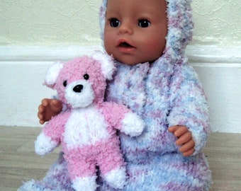 PDF Knitting Pattern Baby Dolls Hooded Sleeping Bag & Teddy Bear Toy in Snowflake Chunky To fit Height 17" Downloadable BB005