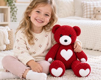 Heart Bear Knitting Pattern PDF Chunky Plush Valentine's Teddy Toy
