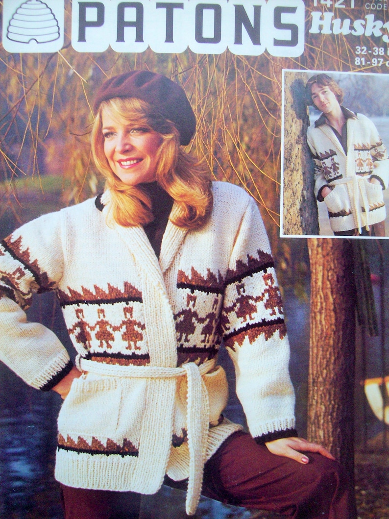 PDF Vintage Mens Ladies Fair Isle Kimono Wrap Over Cardigan Coat Knitting Pattern Chunky 32-38in Downloadable 1421
