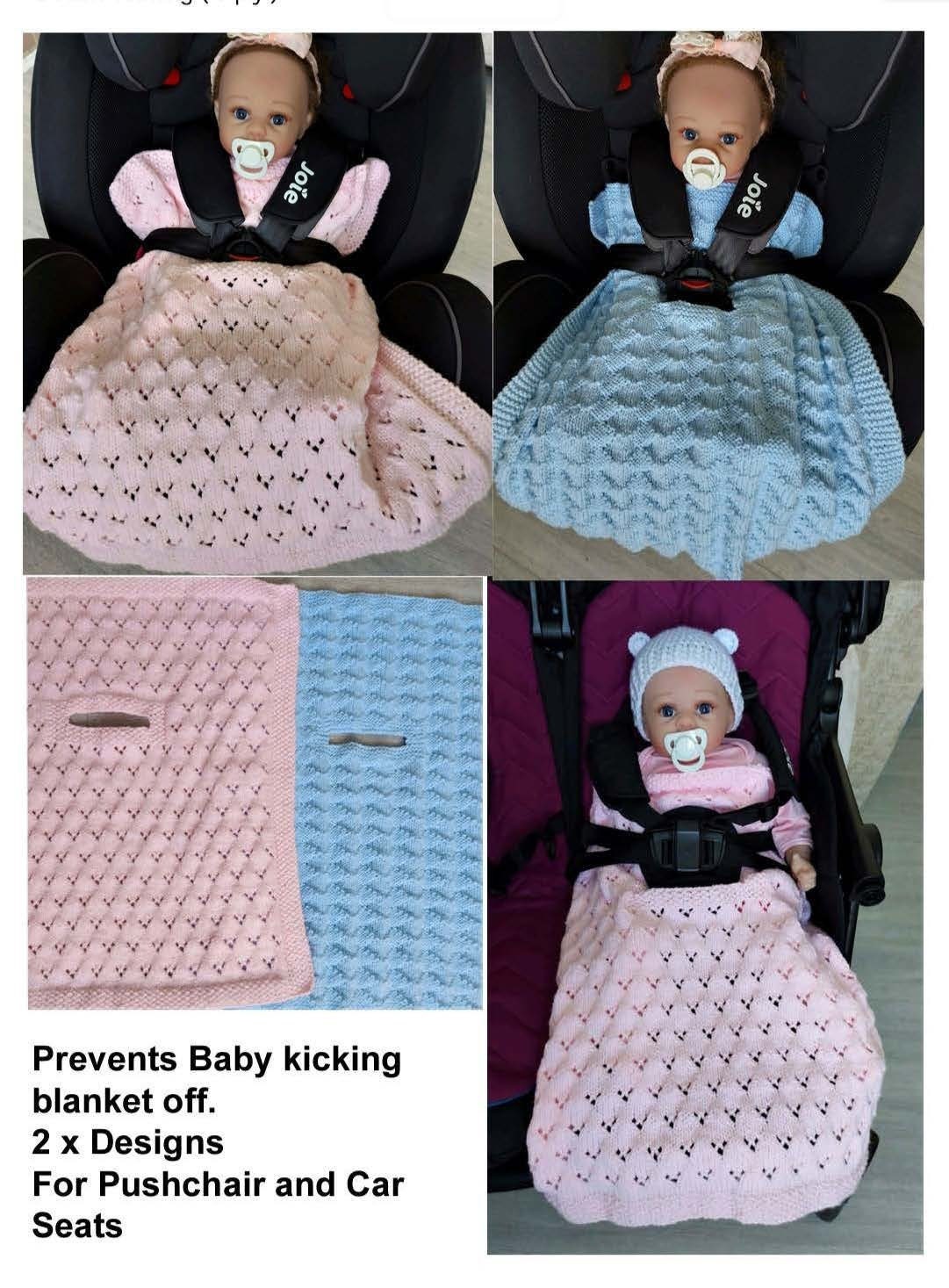 Baby Car Seat Pram Blanket Cover with Buckle Belt Hole PDF Knitting Pattern DK 8 ply Easy knit DK 2 x Designs Lacy Diamond Boys Girls