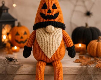 Pumpkin Gonk Gnome Toy & Chocolate Orange Cover Knitting Pattern PDF Halloween Decor DK 45cm