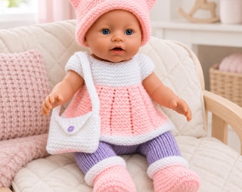 Doll Clothes Knitting Pattern PDF Beginners Easy Tunic Trousers Bag DK