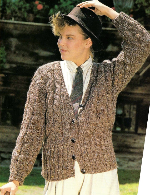 PDF Knitting Pattern Womens Ladies Deep Waist Cable Jacket V Neck Cardigan  Tweed Aran ( 10 ply, Worsted ) 32 - 34 Vintage Download