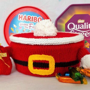 PDF Christmas Knitting Pattern Santa Chocolate Sweet Tub Tin Cover with Lid & Wrapper Sack DK ( 8 ply ) Roses Quality Street Xmas LH016