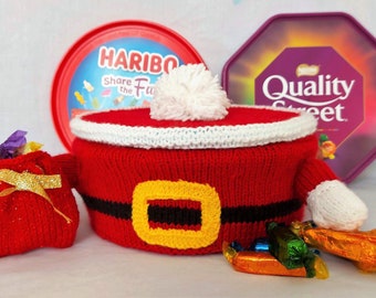 PDF Christmas Knitting Pattern Santa Chocolate Sweet Tub Tin Cover with Lid & Wrapper Sack DK ( 8 ply ) Roses Quality Street Xmas LH016