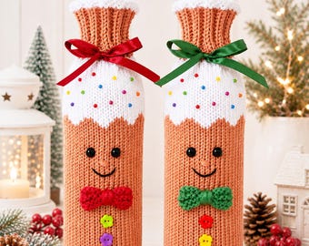 Gingerbread Man Wine Bottle Cover Easy Knitting Pattern PDF Christmas Gift Bag DK Download