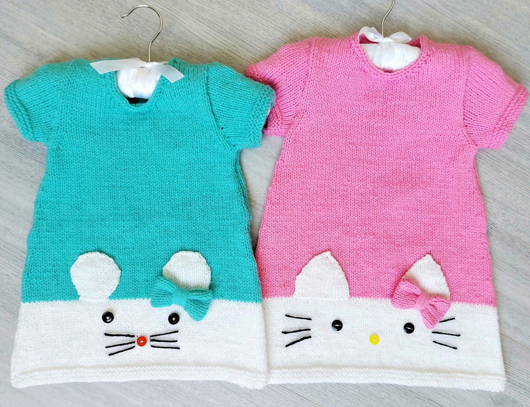 PDF Knitting Pattern Cat & Mouse Motif Summer Dress Short Sleeve DK 8