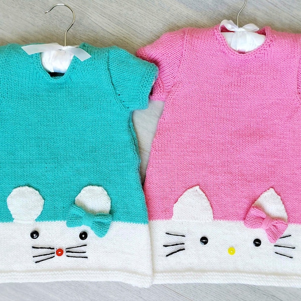 PDF Knitting Pattern Cat & Mouse Motif Summer Dress Short Sleeve DK ( 8 ply ) Baby Girls 19 - 24" 3mths - 3 years Download LH039