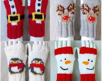 PDF Knitting Pattern Ladies Girls Christams Fingerless Gloves Wrist Warmers 4 x Designs Santa Snowman Reindeer Penguin DK ( 8 ply ) BB056