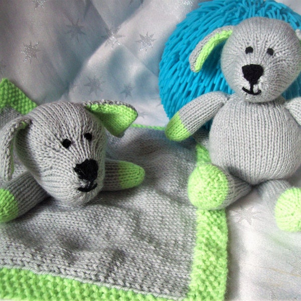 Puppy Dog Baby Comfort Blanket & Soft Toy PDF Knitting Pattern DK ( 8 ply ) 24cm  and 28 x28cm Boys Girls Snuggle Cuddle Blanket BB003