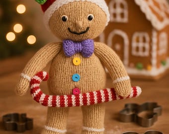 PDF Knitting Pattern Gingerbread Man Christmas Toy Ornament Candy Cane Decoration DK ( 8 ply ) Holly Hat Xmas Download LH026