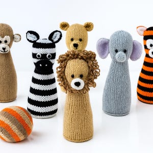 PDF Knitting Pattern Animal Skittle Set Toy Childs Bowling Pins & Ball Game Lion Elephant Monkey Bear Tiger Zebra DK 8ply Downloadable LH018
