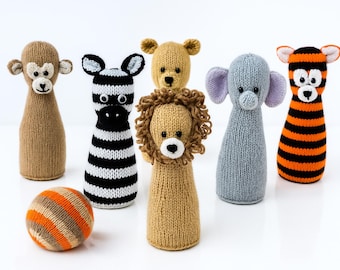 PDF Knitting Pattern Animal Skittle Set Toy Childs Bowling Pins & Ball Game Lion Elephant Monkey Bear Tiger Zebra DK 8ply Downloadable LH018