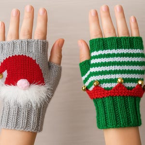 Ladies Girls Christmas Fingerless Gloves Wrist Warmers Santa Gonk Elf Design PDF Knitting Pattern DK ( 8 ply ) Holiday Gift stocking Filler