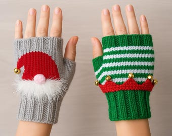 Ladies Girls Christmas Fingerless Gloves Wrist Warmers Santa Gonk & Elf Design PDF Knitting Pattern DK 8ply Stocking Filler