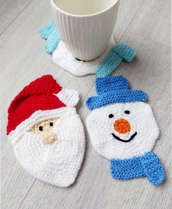 PDF Knitting Pattern Santa & Snowman Christmas Coaster Festive Home Decor 10cm DK 8ply Easy Knit Download