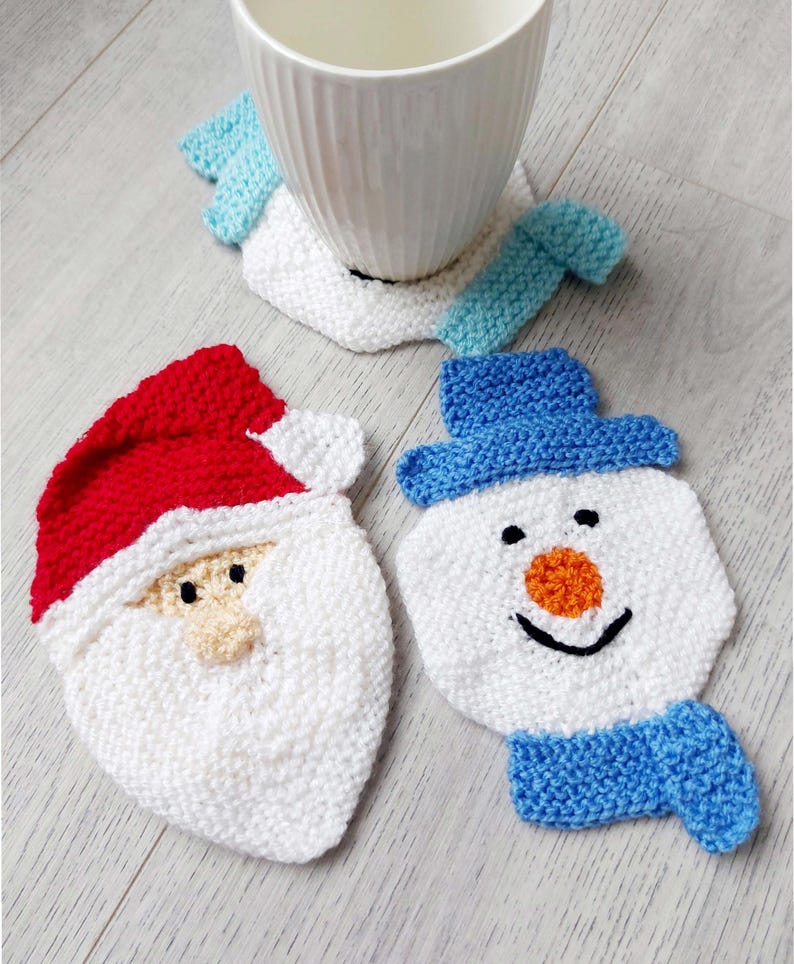 PDF Knitting Pattern Santa & Snowman Christmas Coaster Festive Home Decor 10cm DK 8ply Easy Knit Download image 1