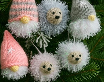 PDF Knitting Pattern Christmas Tree Decorations Baubles Gnome Gonk & Hedgehog Design Tinsel Chunky DK 8ply Festive Home Decor Downloadable