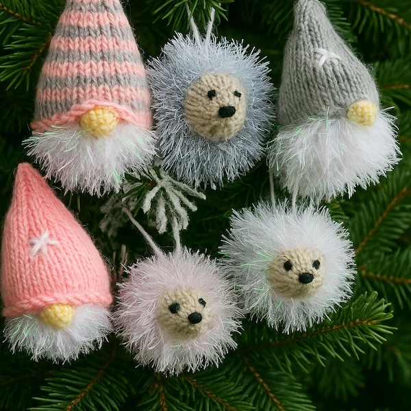 PDF Knitting Pattern Christmas Tree Decorations Baubles Gnome Gonk & Hedgehog Design Tinsel Chunky DK 8ply Festive Home Decor Downloadable